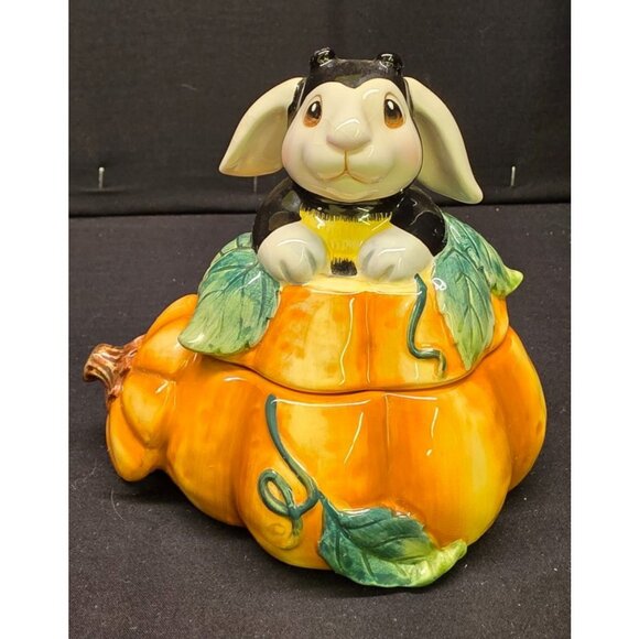 Vintage Fitz and Floyd Halloween Bunny Blooms Lidded Ceramic Pumpkin Container - Picture 1 of 10